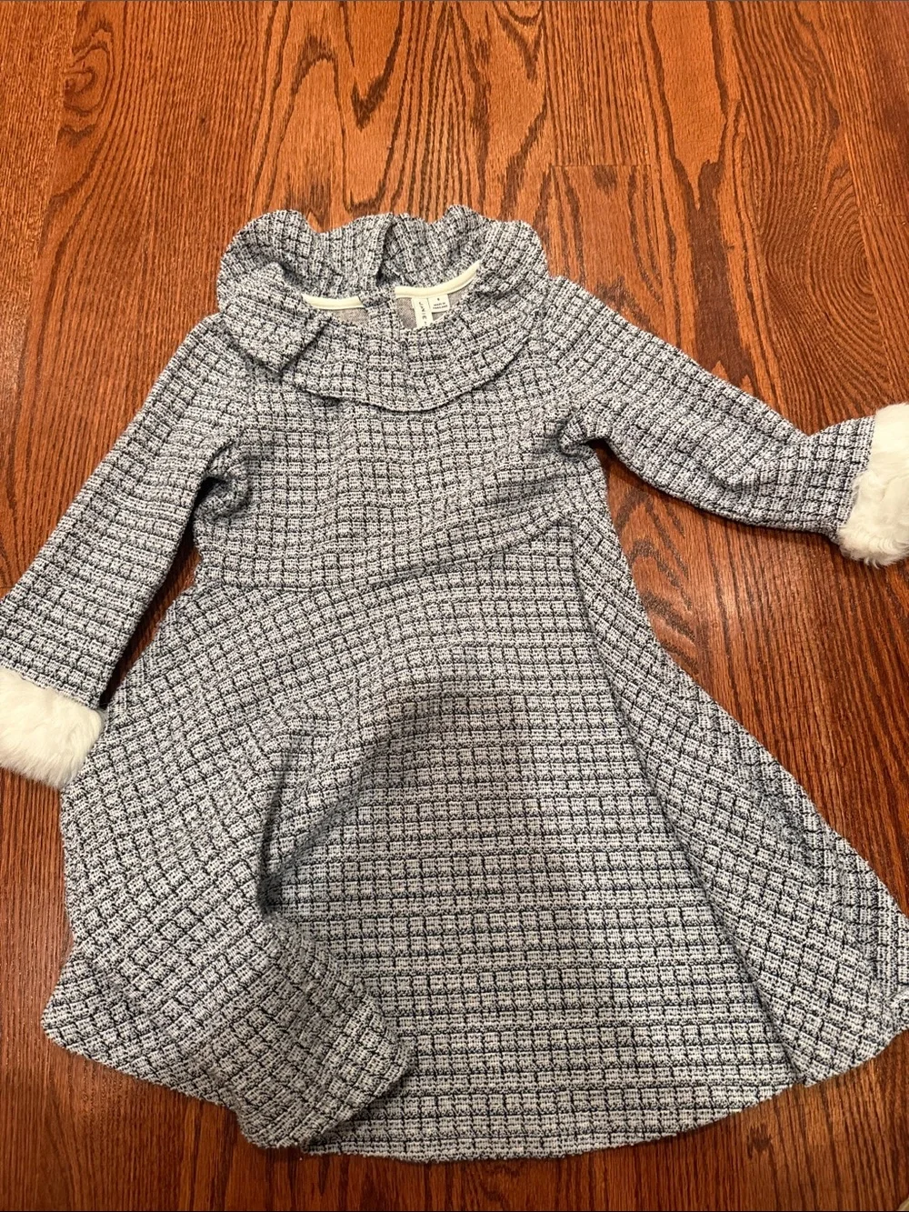 Janie and Jack Blue and White Tweed Dress with Faux Fur Cuffs
